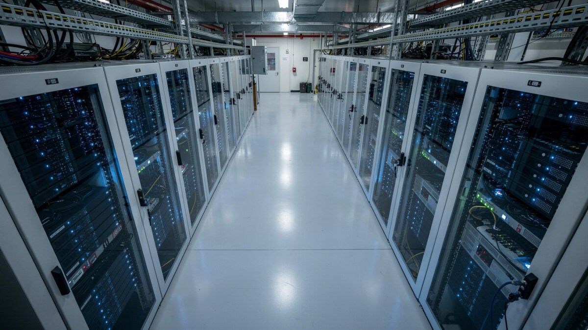 Secure data center server racks with blue lighting